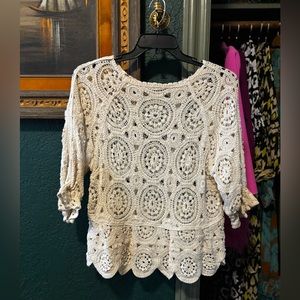 Solitaire Crochet Blouse Peplum Top Scallop Vintage Large Western Yellowstone